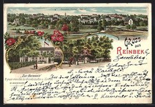 Lithographie Reinbek, Gasthaus Zur Harmonie v. W. Wiesemann, Ortsansicht 1905 