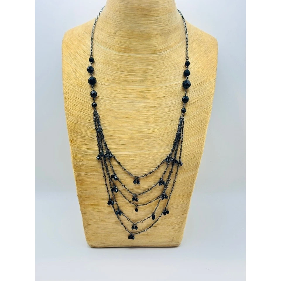 Collar gótico negro con cuentas de vidrio en capas de colección declaración cadena múltiple Y2K raro 25" Foto 3 de 4