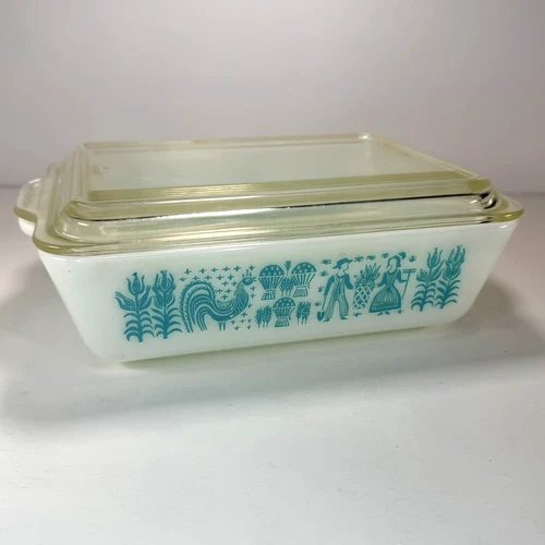 PYREX 503 Refrigerator Dish Vintage 1950s Amish Butterprint Turquoise W/ Lid
