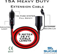 15A Heavy Duty 12V Car Cigarette Lighter Extension Cable 5M 16FT Waterproof Fuse