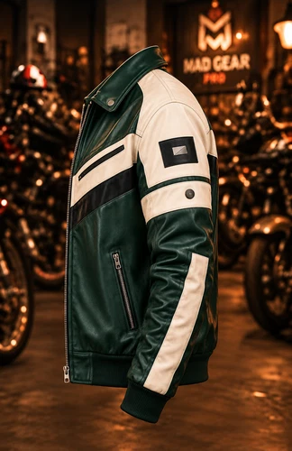 Mens Green White Genuine Cowhide Leather Jacket Retro Biker Racing Bomber Coat image 8