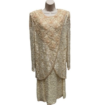 Scala Vintage beaded midi dress women s 1x champagne mother of bride long sleeve