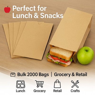 2000 Duro Kraft Lunch Bags #4 Brown 5x3.1x9.8 Grocery Food Safe Paper Sacks Bulk