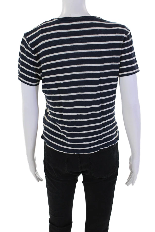 Camiseta J Crew Mujer Lino Rayas Informal Manga Corta Cuello Redondo Azul Talla M Foto 3 de 4