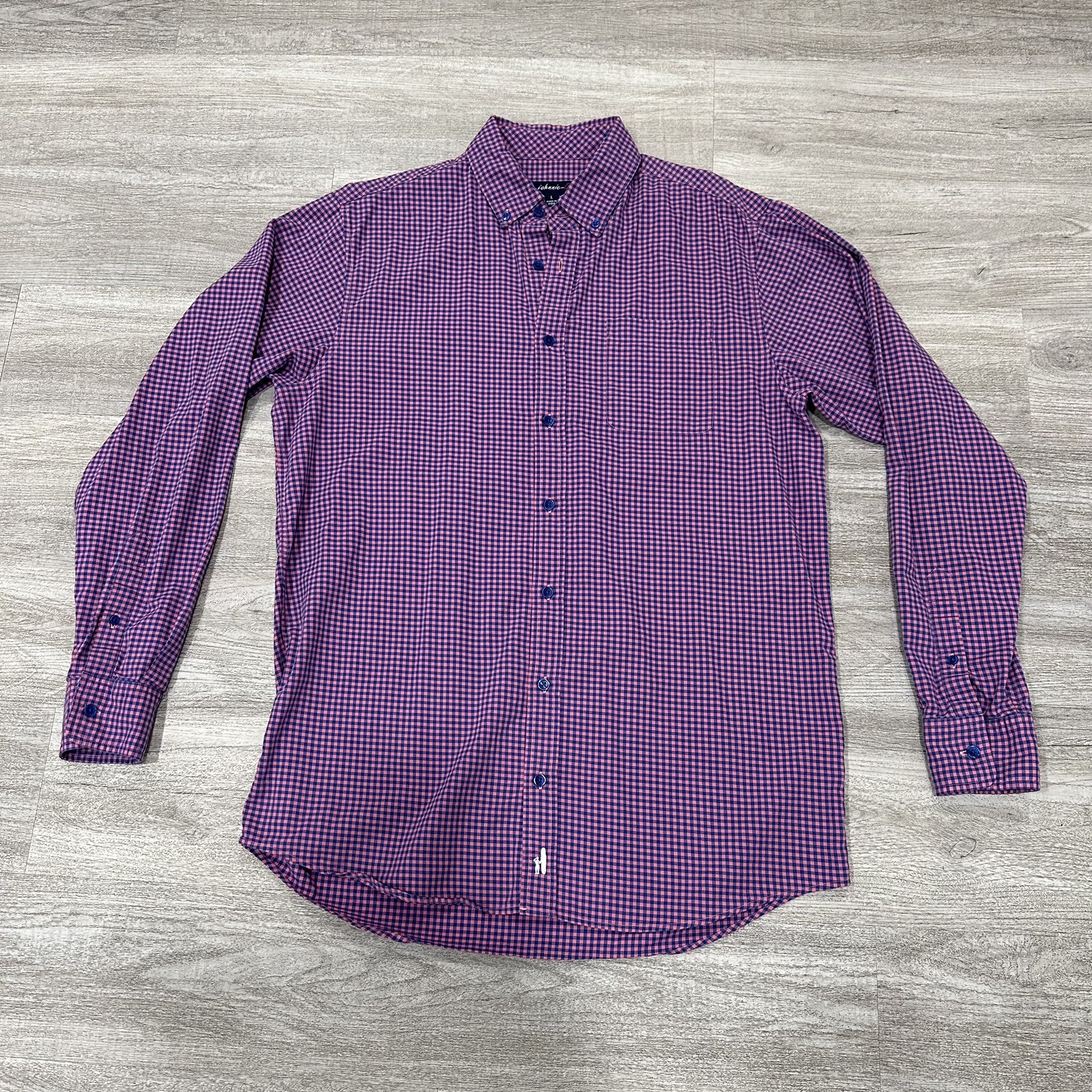 Johnnie-O Shirt Men Large Blue Pink Gingham Button Down Long Sleeve