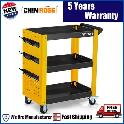 Chinrose 3 Tier Rolling Tool Cart w/ Pegboard & Hooks Wheels Metal Heavy Duty
