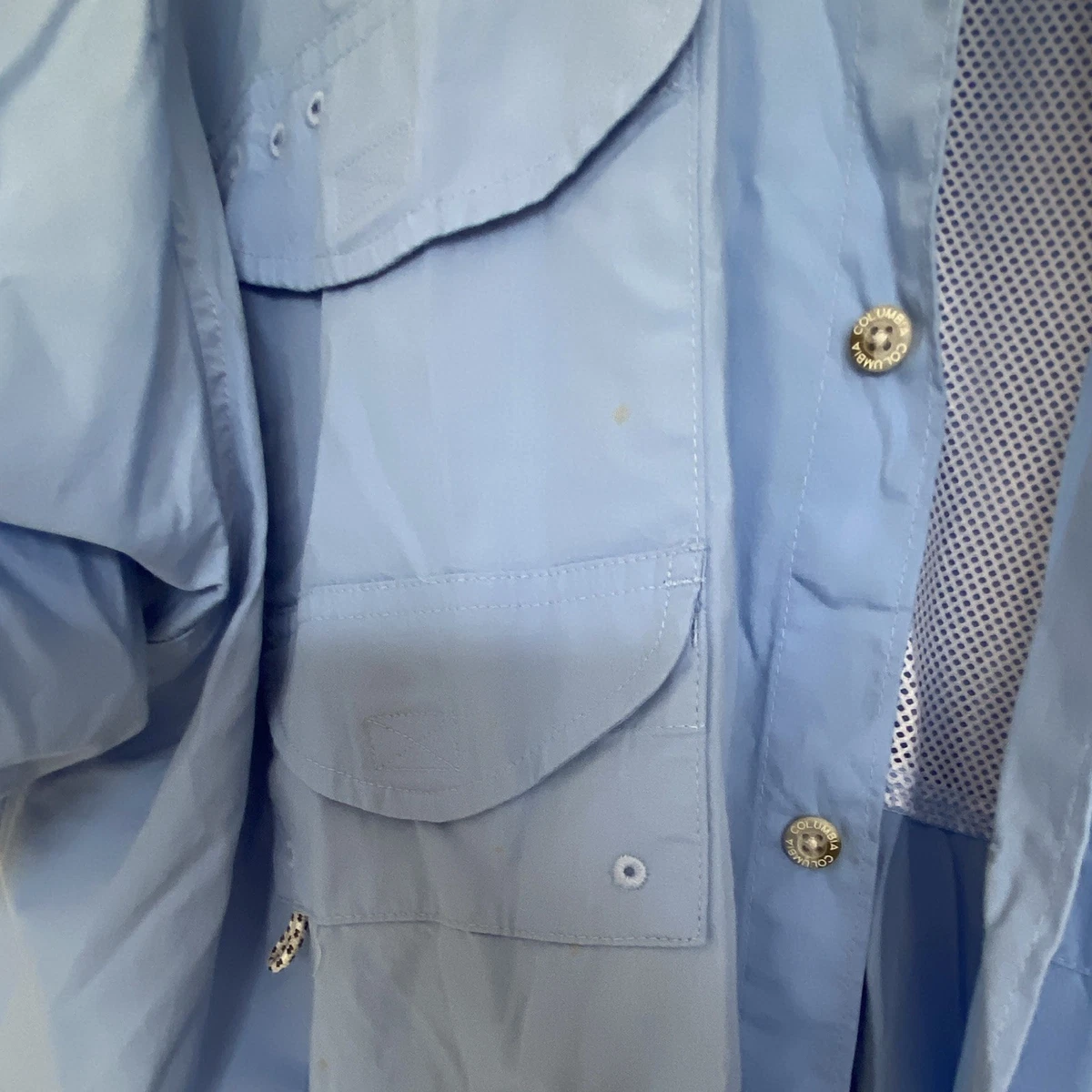 Camisa de pesca Columbia PFG azul manga corta con botones ventilada bolsillos XL para hombre
