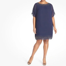 Xscape Embellished Split Sleeve Chiffon Shift Dress Navy Size 18W Cocktail Party