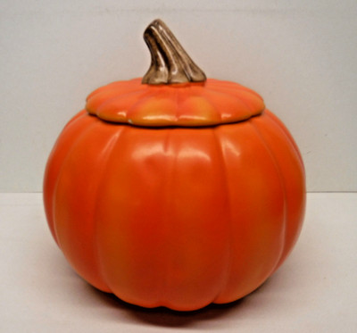 Ceramic orange PUMPKIN Candy Cookie Jar &lid 7.5''H Autumn Thanksgiving Halloween
