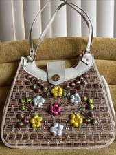 Vintage 1960s Woven Raffia Straw Handbag 3D Floral Embroidery Boho Purse