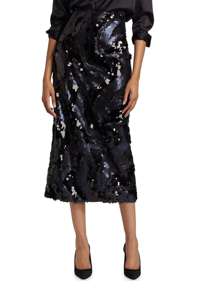 Saia Ramy Brook Feminina Donnelly Midi 6 Lantejoulas Pretas Redemoinho - Nova com etiquetas $465 - Imagem 2 de 4