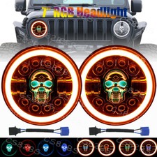 2x 7  inch Round RGB Skull LED Headlights Halo DRL For Jeep Wrangler JK LJ TJ CJ
