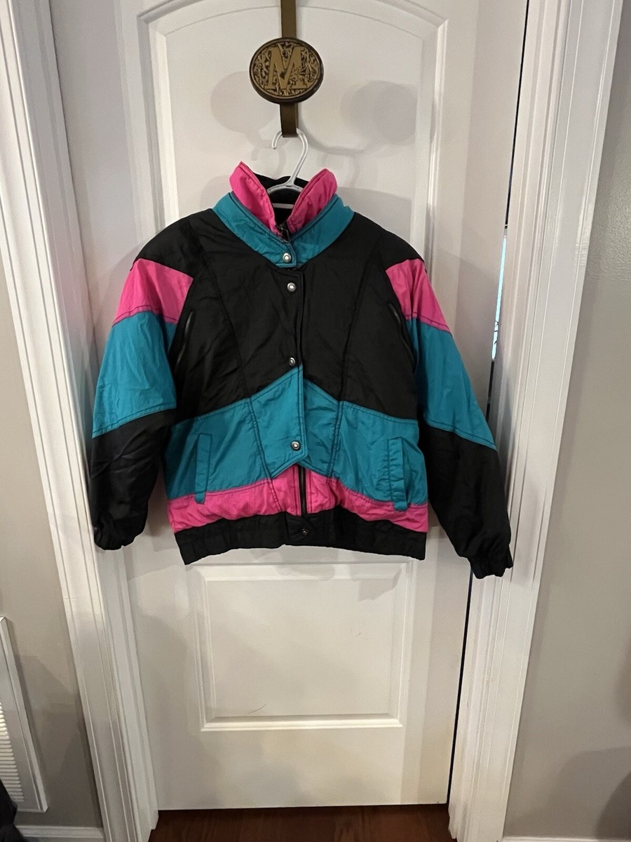 Women's Vintage Ski Jacket XL Teal Pink 80s 90s Bomber Duck Down