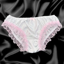 White Satin Pink Lace Sissy Full Panties Bikini Knicker Underwear Size 10 - 20