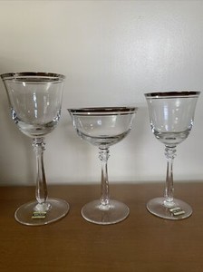 Set 3 Mikasa Silver Mist Silver Ring Water Wine Champagne/Tall Sherbet Glasses