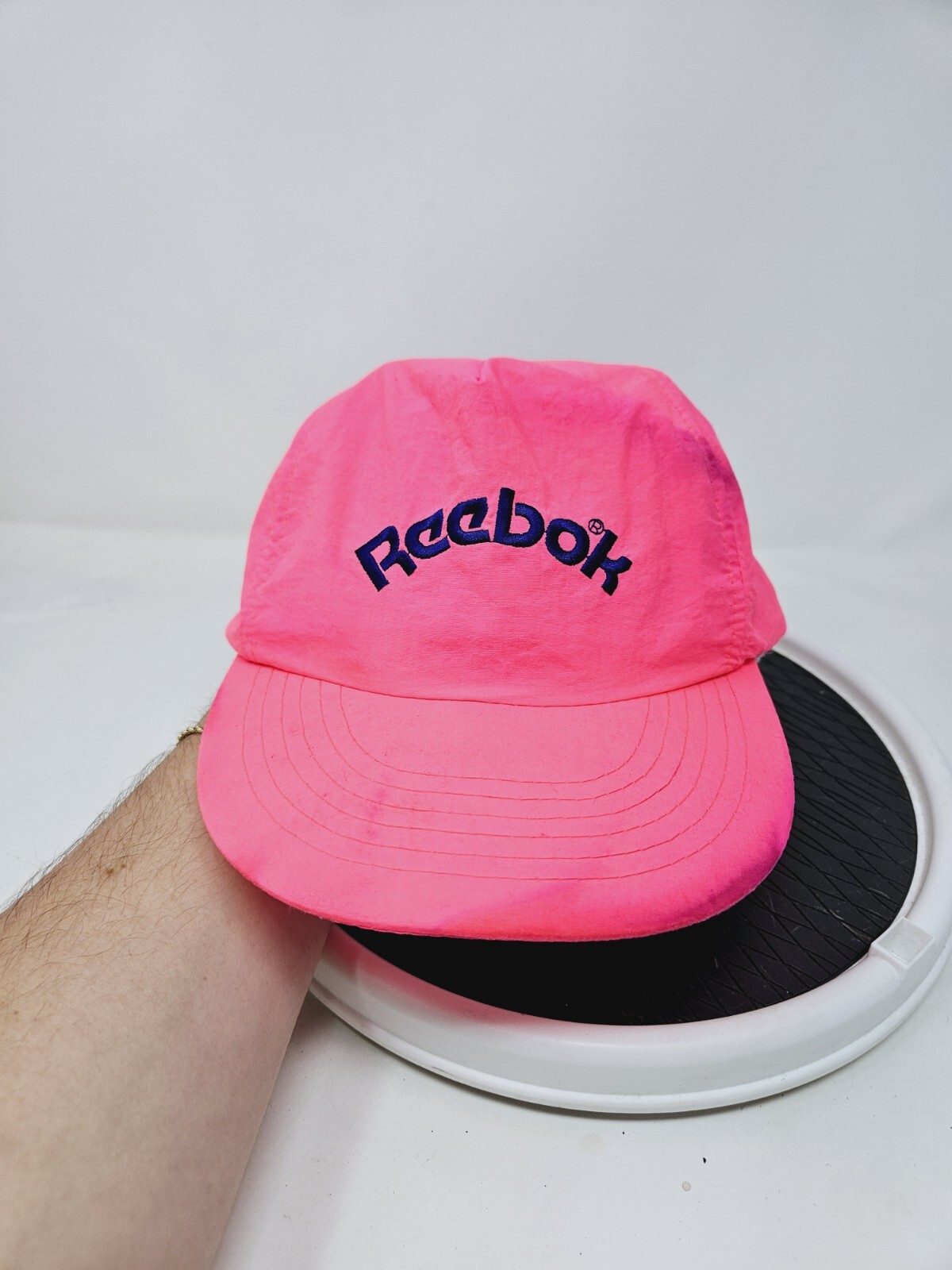 Vintage 80s Hot Pink Reebok Snapback Hat with Stains Rare Fast Shipping
