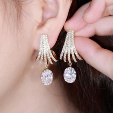 Noble CZ Oval Long Chandelier Dangle Drop Earrings for Women Gold Color Jewelry 