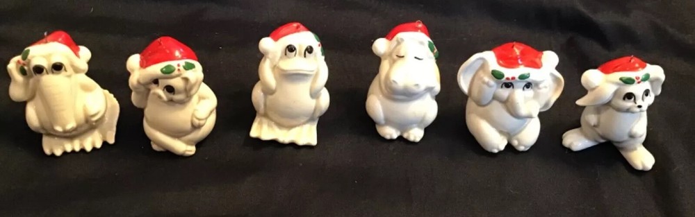 Fitz Floyd Christmas Animal Santa Hat Figurines Lot 6 80s 1981  2” ceramic zoo