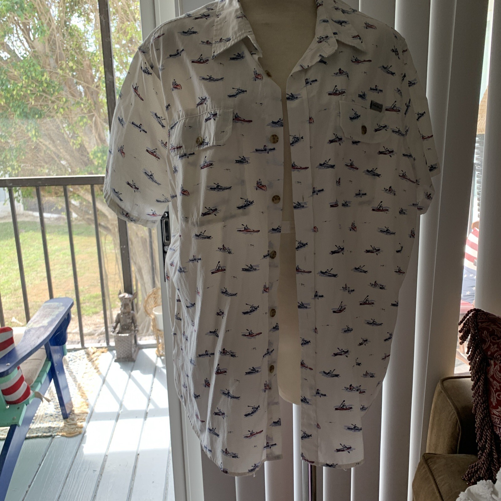 FILA Camicia Eddie Bauer bianca avorio con bottoni manica corta canottaggio stampa canoa taglia L