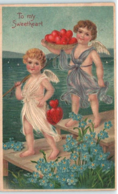 Vintage Victorian Postcard 1910 To My Valentine -Cupids by the Sea
