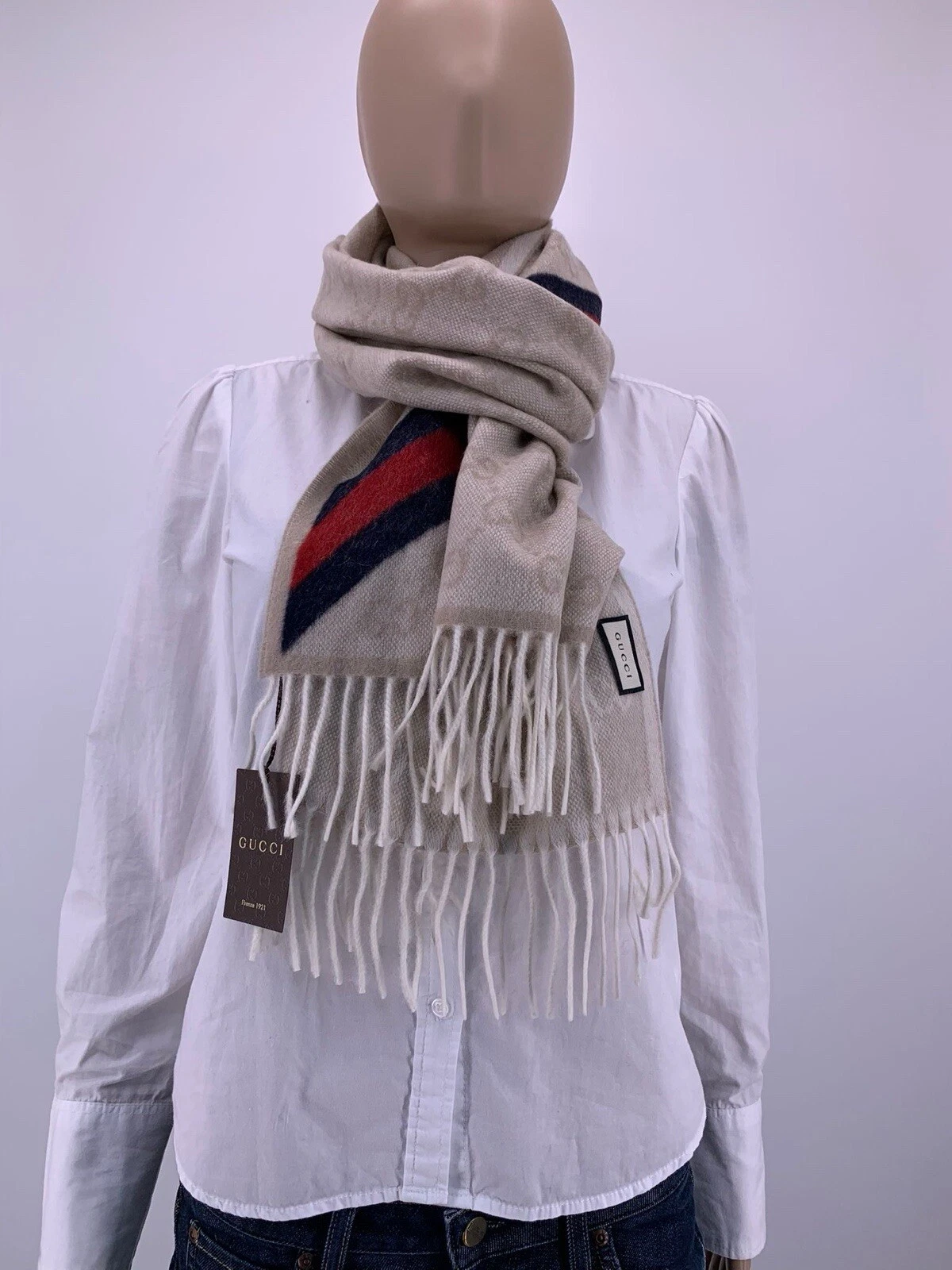 NEUF Luxury Original GUCCI foulard foulard laine 37 x 190 cm   570603 beige 9568