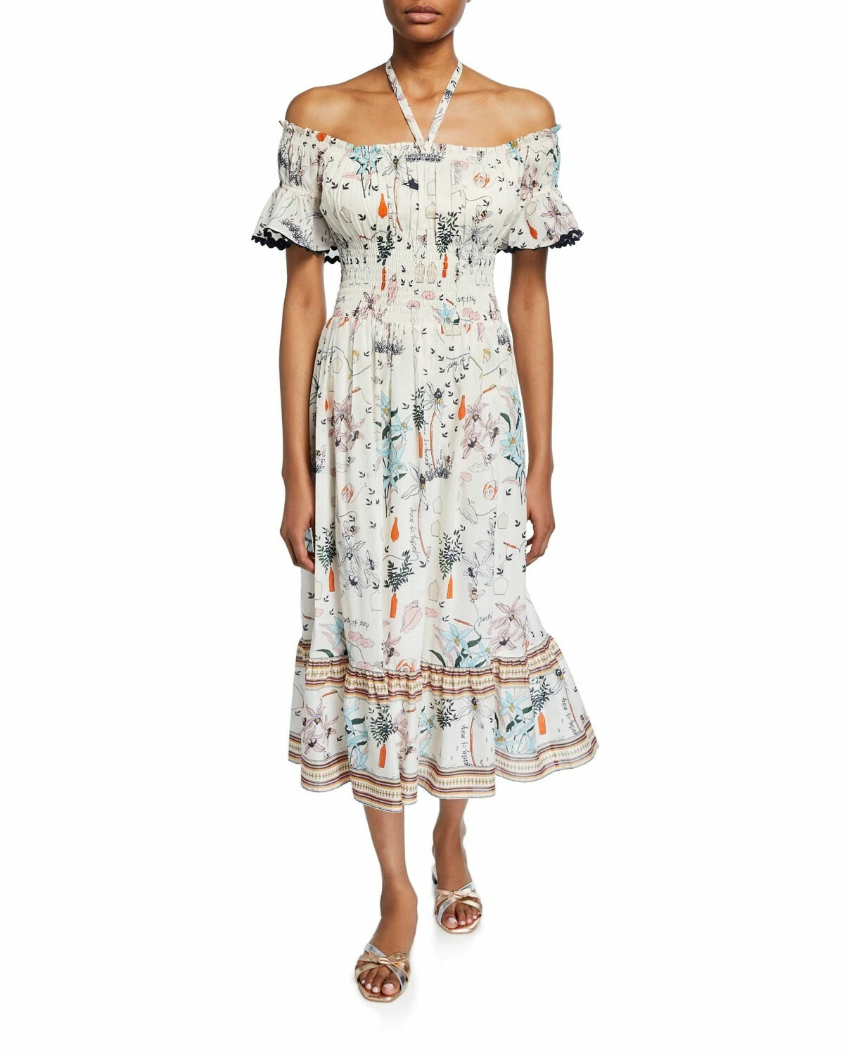 Abito midi floreale nuovo TORY BURCH Meadow Folly spalle scoperte taglia L