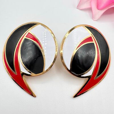 Vintage Abstract Artistic Geometric Dramatic Huge Red White Black Earrings Anime