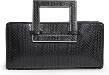 Staud Women Shirley Clutch Bag Silver Metal Tone Handle Snake Embossed Black New