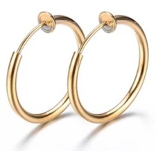 NEW AWESOME Gothic Punk Biker Gold STAINLESS Steel Hoop Earrings no piercing X 2