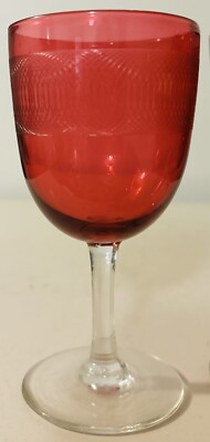 2 ELEGANT NEEDLE ETCH ANTIQUE CRANBERRY GLASS WINE GLASSES 4 7/8'' MOUTH BLOWN