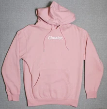 Glossier Original Small Hoodie Pink Fleece Sweatshirt Smiley Face Emoji HI