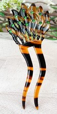 Vtg Art Deco 4-1/2" Faux Tortoiseshell Celluloid GREEN RHINESTONE Wavy Hair Fork