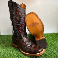 Women Cowgirl Western Hand Tooled Boot Leather Square Toe Bota Vaquera Cincelada