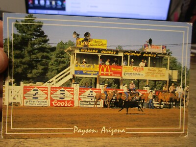 V1 ARIZONA Old Postcard Payson Rodeo Grounds Cowboy McCreary's Restaurant West