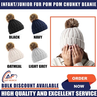 Beechfield Kleinkind Kinder Junior Pelz Pom Chunky Beanie Wintermütze B412A
