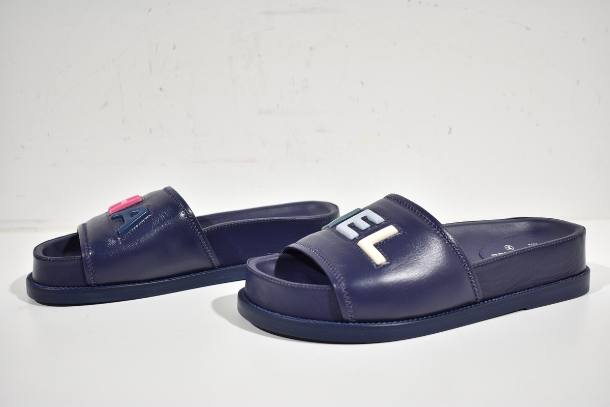 Chanel 22S Blue Lambskin Multicolor CHANEL Letter Logo Flat Slide