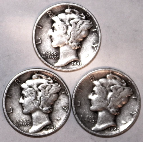 (3) Mercury Dimes - 1941P(VF) 1942P(VF) 1943P(VF) - #2851ED - FREE SHIPPING