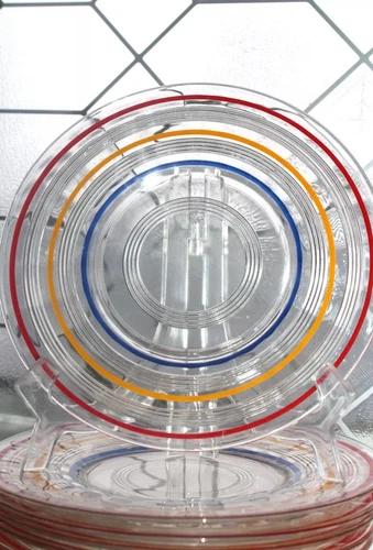 6 Anchor Hocking Color Ring Band Stripe 8 1/4" Vintage Glass Luncheon Plates