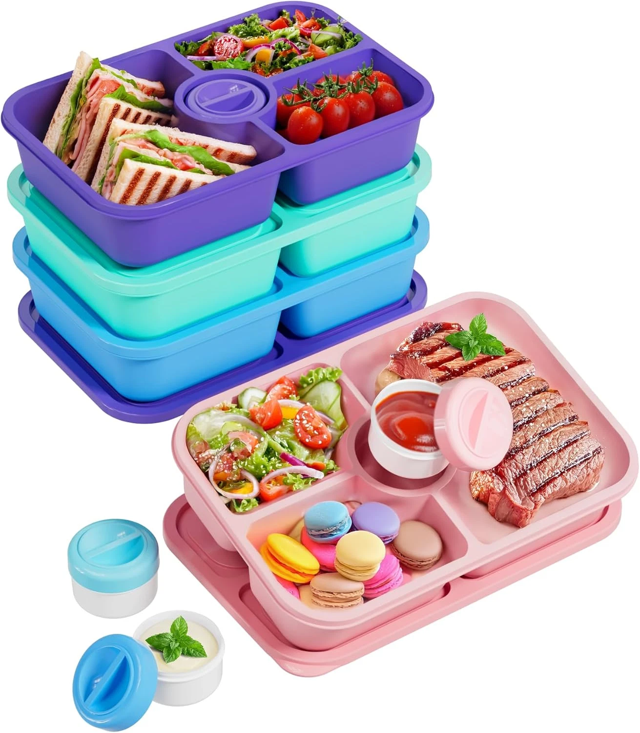 Canfanni 4 Pcs Bento Snack Box Containers, 4 Compartment Divided Stackable Food