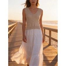 Women's Coastal Cottage Mixed Media Beige Knit White Cotton Tiered Maxi Dress L.