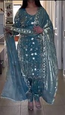 New Designer Powder Blue Fandy Crushi Silk Top Dhoti With Dupatta For Women