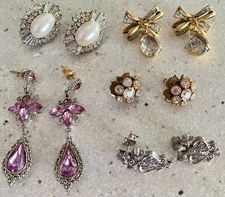 Lot 5 Rhinestone Pierced Earrings Dangle Drop Stud Faux Pearl Gold Silver Tone