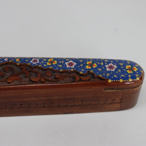 Uzbekistan Hand-Carved Walnut 9" Oblong Puzzle Box with Painted Flowers - Picture 8 of 11