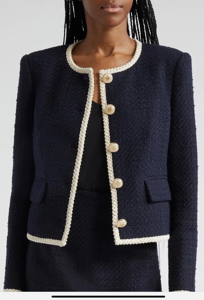 NUEVO SIN ETIQUETAS $698 BARBA VERÓNICA Mabel Chaqueta Tweed Azul Marino Borde Crema y Botones Dorados - 10 Foto 2 de 4