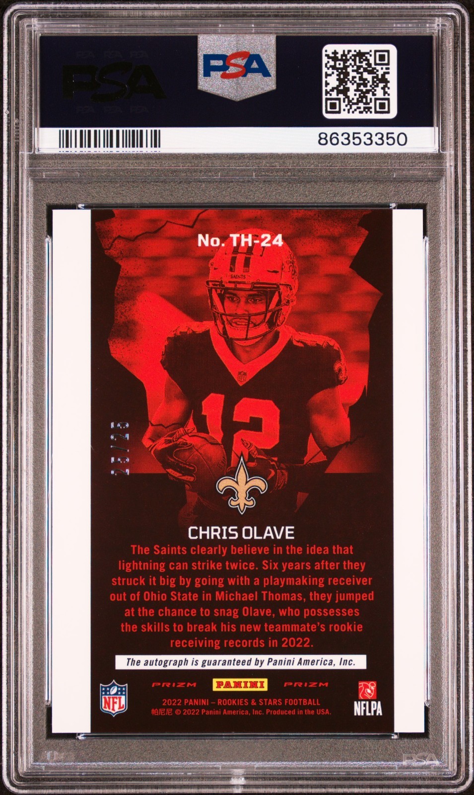 2022 Rookies Stars Chris Olave THRILLERS RC AUTO LONGEVITY /25, PSA 7 & 10 POP 1 view 2