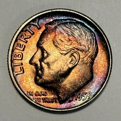 1959 Silver Roosevelt Dime, Choice Gem BU, Toned, Full Bell Lines FB FT