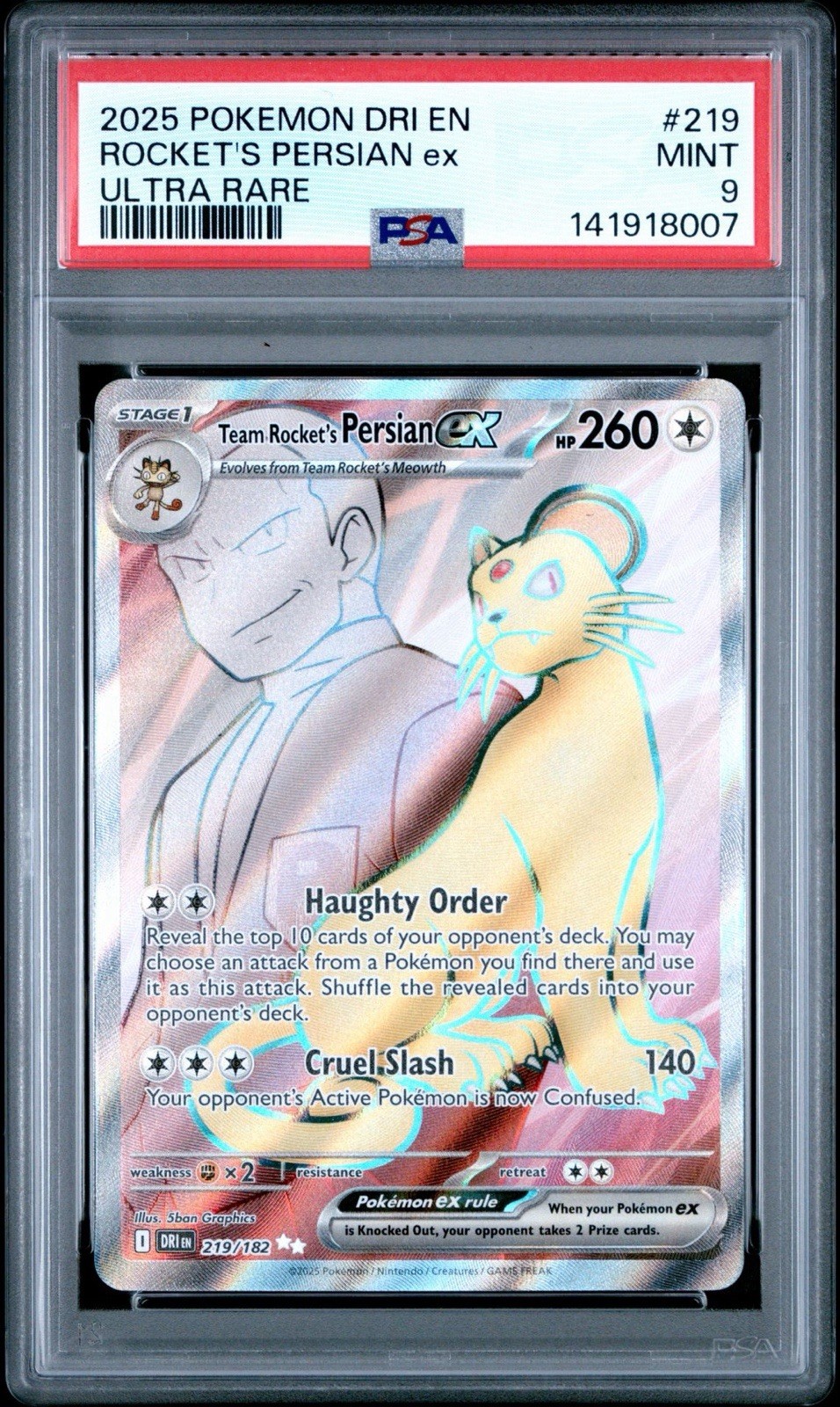 2025 POKEMON DRI EN-DESTINED RIVALS ULTRA RARE TEAM ROCKET'S PERSIAN EX PSA 9
