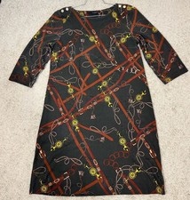 Talbots Equestrian Chain Print 3/4 Sleeve Shift Dress Olive Green Size L Career