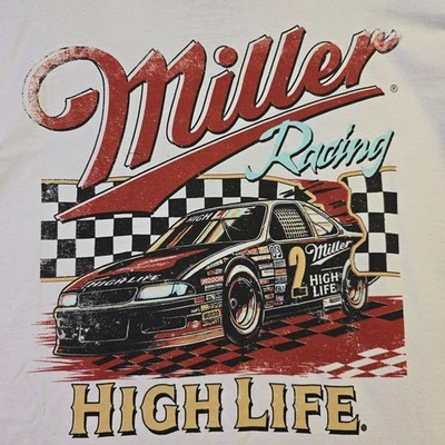MILLER LITE NASCAR T Shirt MENS XL BEIGE RACING BEER CASUAL Distressed Car NWT