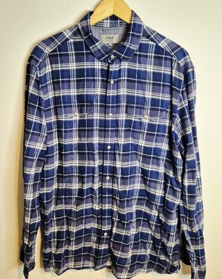 Snap Button Shirt Mens L Blue Check Cotton Casual Workwear Marks & Spencer